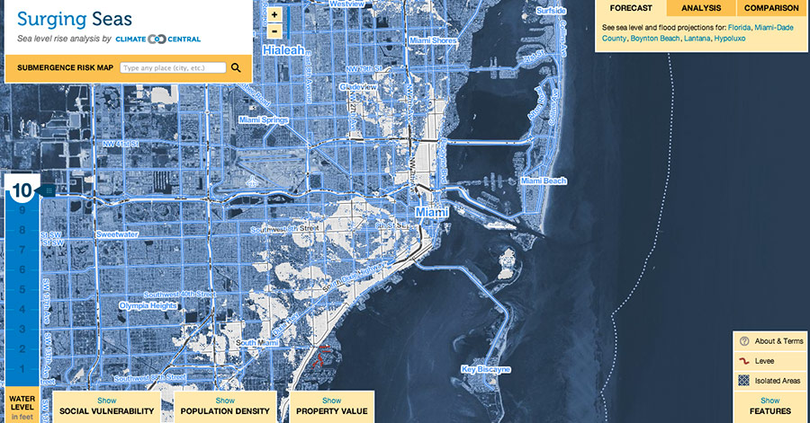 what does us look like with 10 feet of sea level rise climate central
